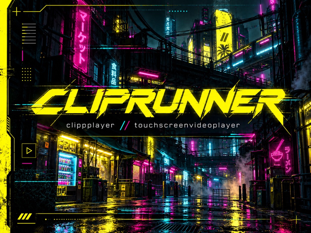 The ClipRunner boot screen, showing a neon cyberpunk street and the ClipRunner logo.