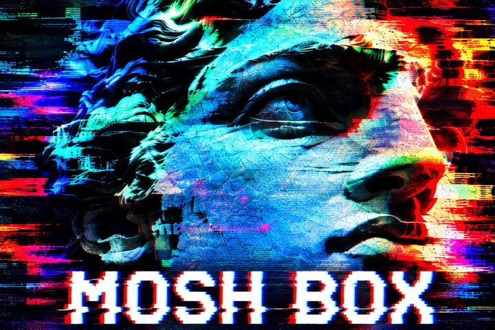 The MoshBox boot screen, showing a glitched classical bust and the Mosh Box logo.